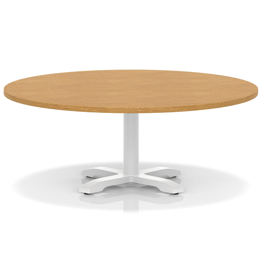 Round coffee table with wood-effect top and white metal base on a white background