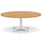 Round coffee table with wood-effect top and white metal base on a white background