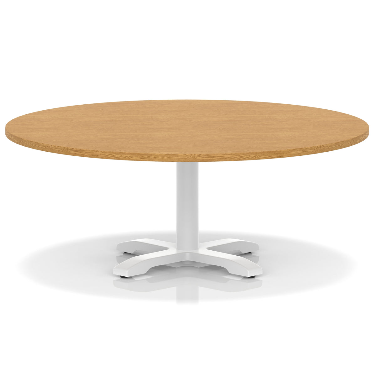 Round coffee table with wood-effect top and white metal base on a white background