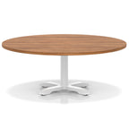 Round coffee table with wood-effect top and white metal base on a white background