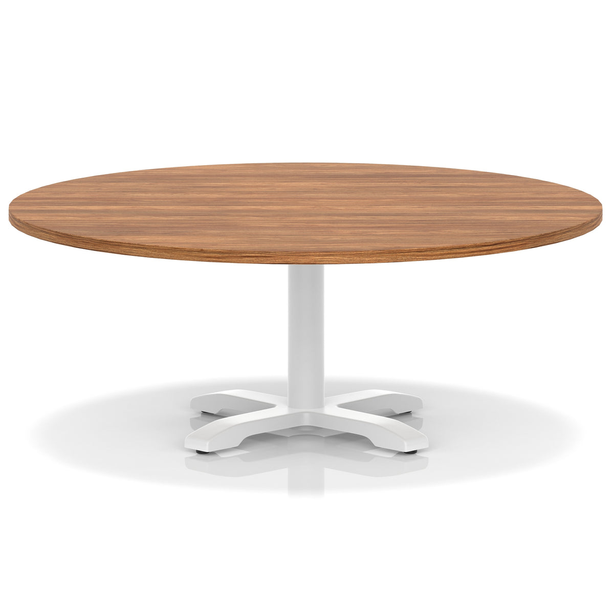 Round coffee table with wood-effect top and white metal base on a white background