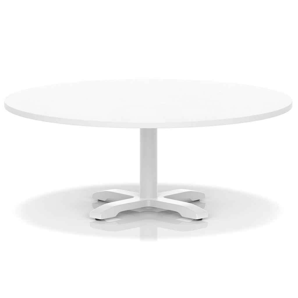 White round coffee table with metal base on a white background