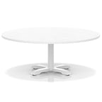 White round coffee table with metal base on a white background