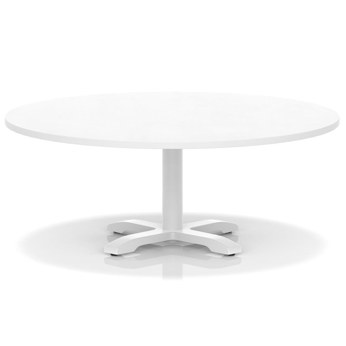 White round coffee table with metal base on a white background