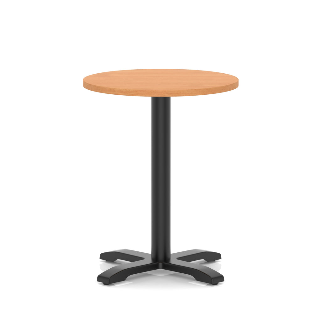Round table with a grey wood-effect top and black base on a white background