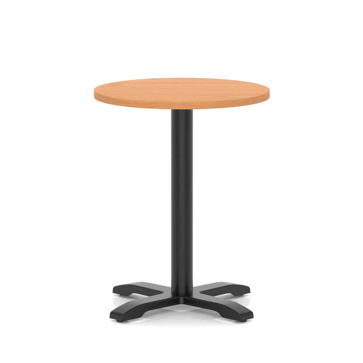 Round table with a grey wood-effect top and black base on a white background