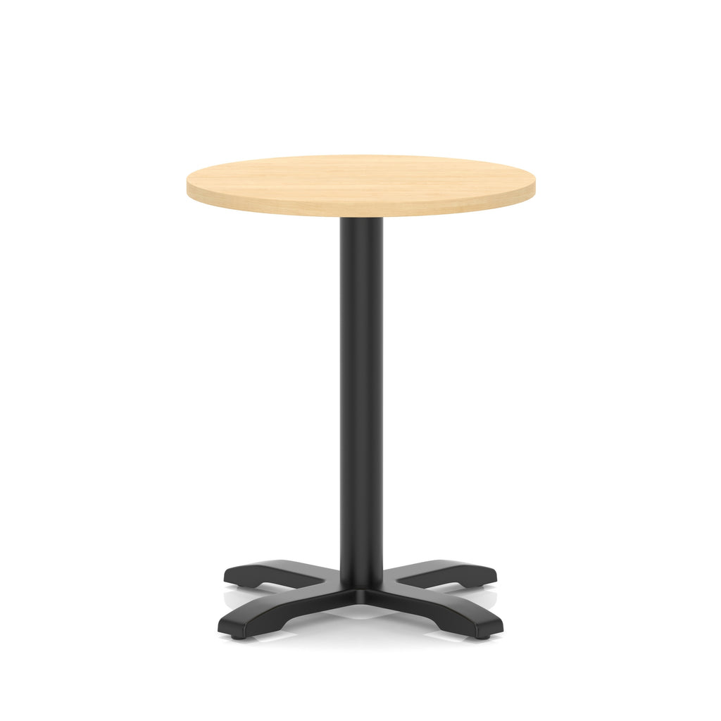 Round table with a wood-effect top and black base on a white background