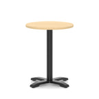 Round table with a wood-effect top and black base on a white background