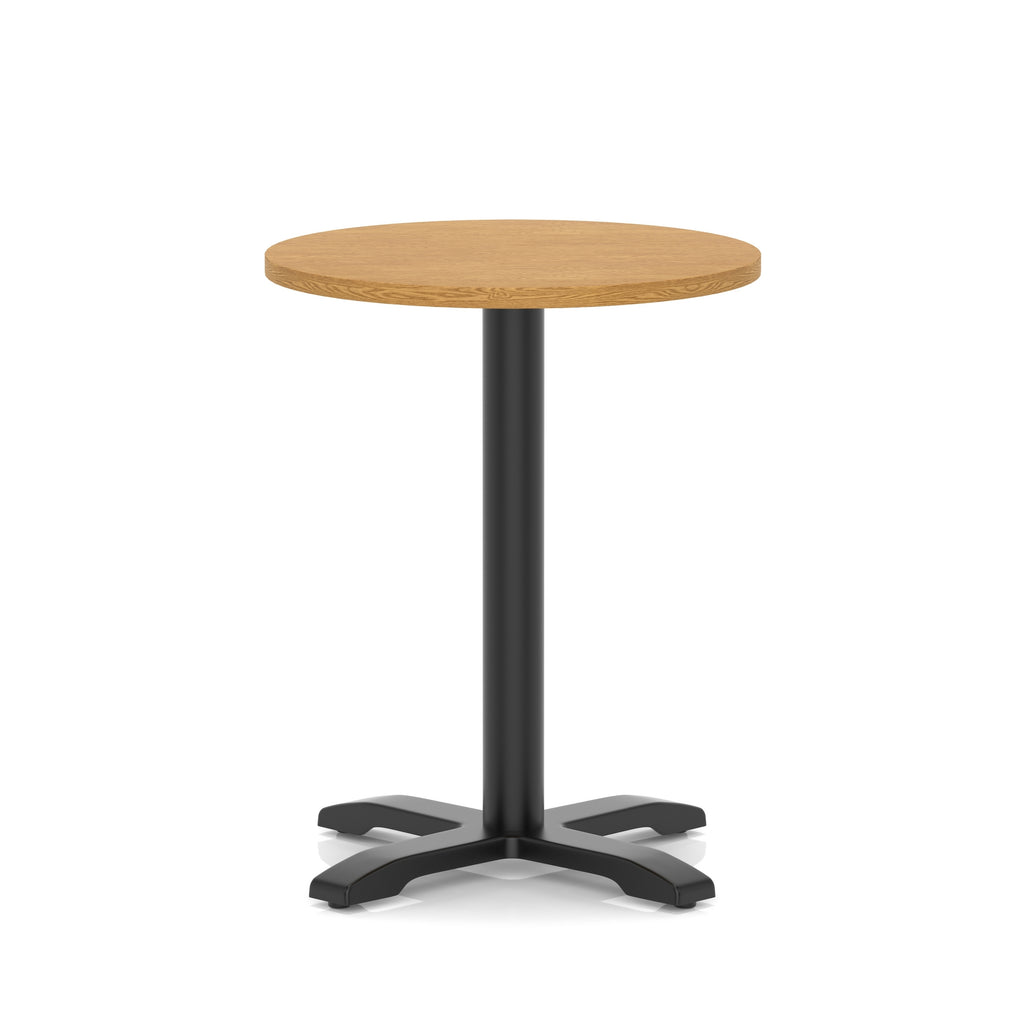 Round table with a wood-effect top and black base on a white background