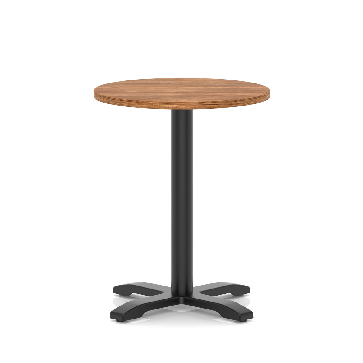 Round high table with a wood-effect top and black base on a white background