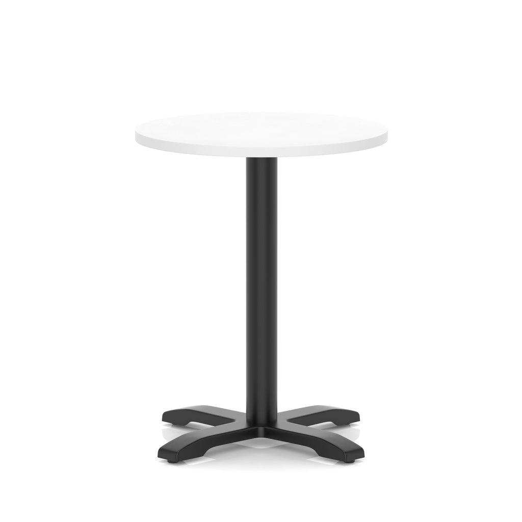 Round table with a white top and black base on a white background