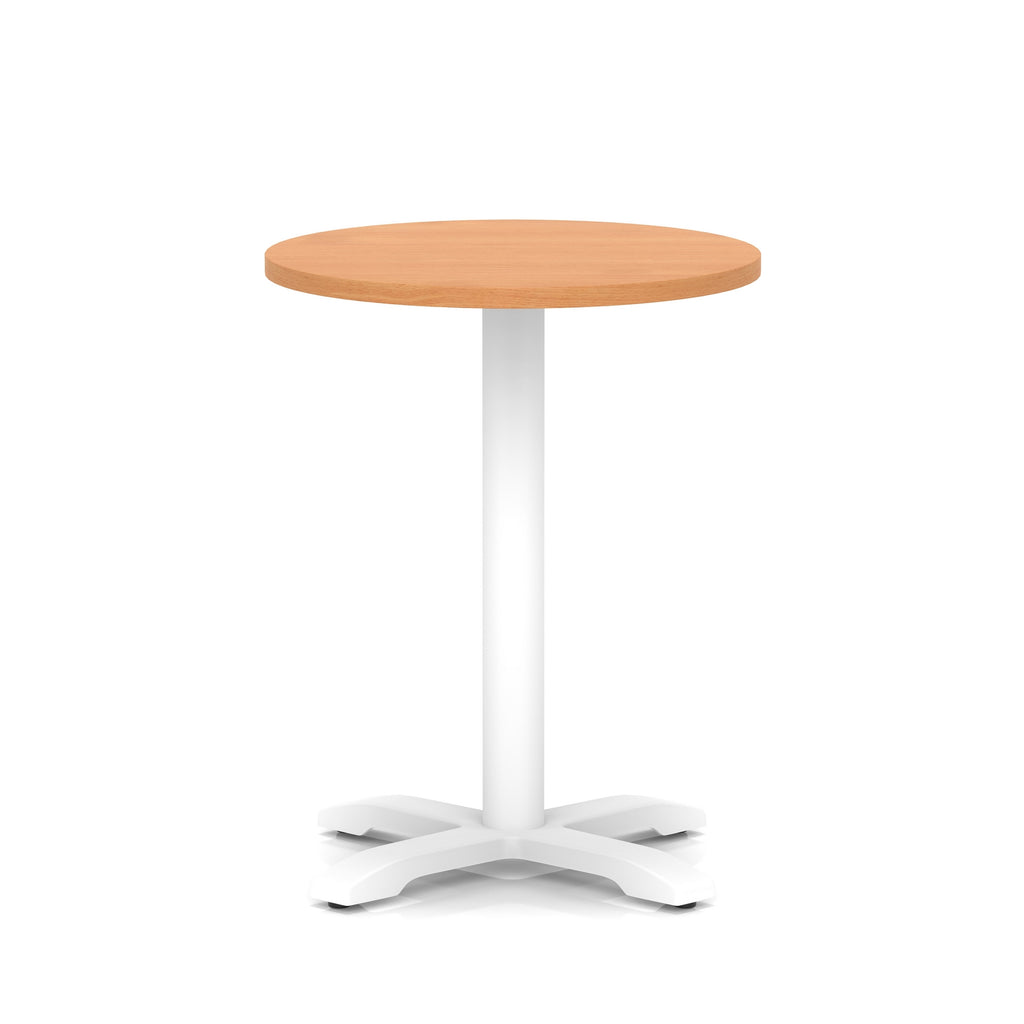 Round table with grey wood-effect top and white base on a white background
