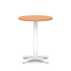 Round table with grey wood-effect top and white base on a white background