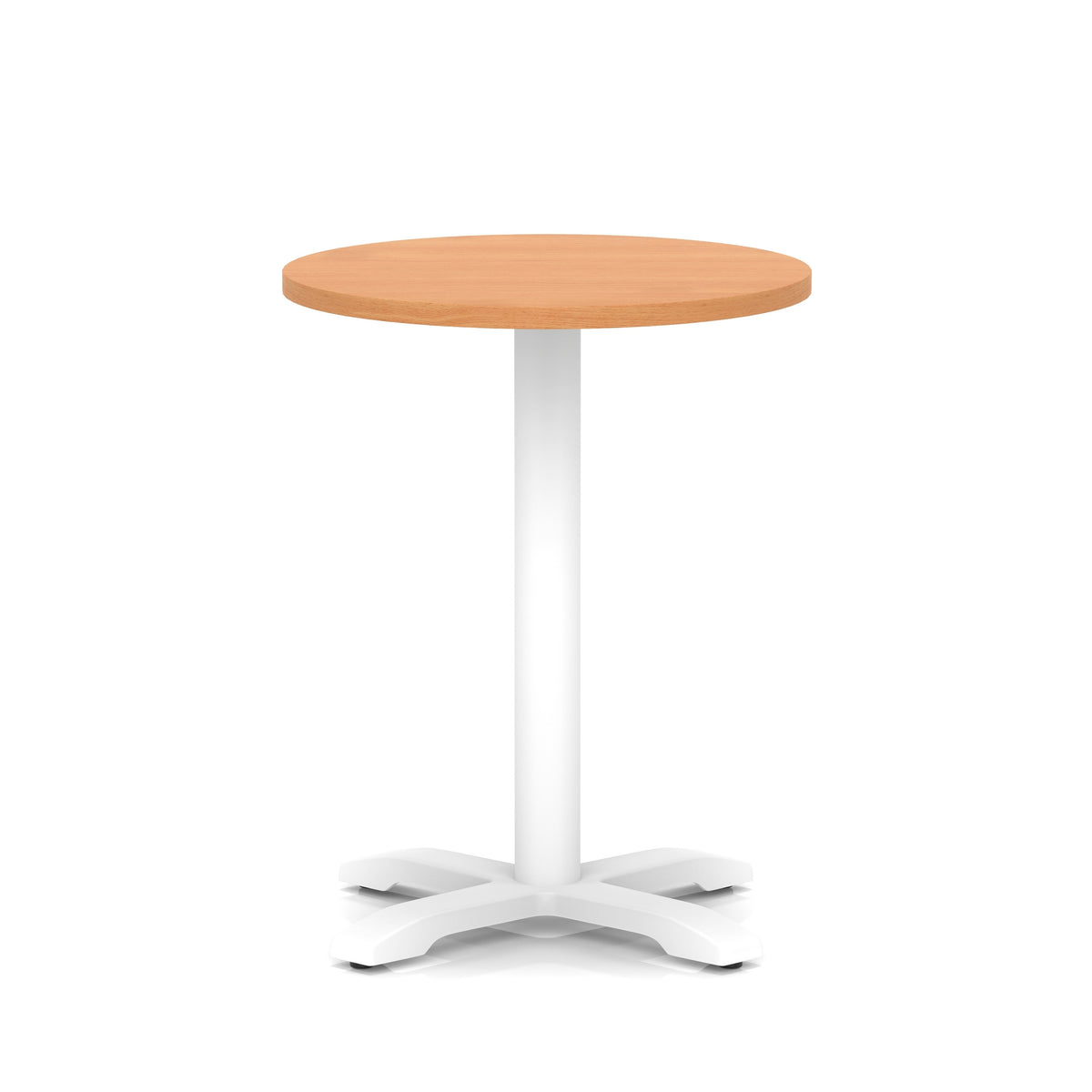 Round table with grey wood-effect top and white base on a white background