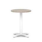 Round table with grey wood-effect top and white base on a white background
