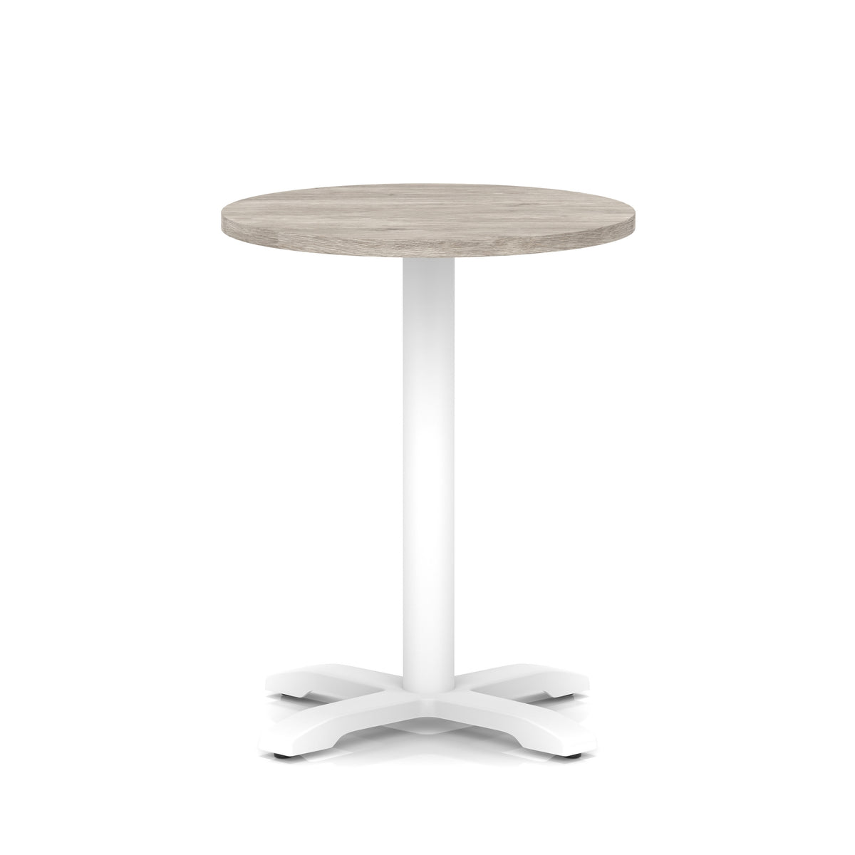 Round table with grey wood-effect top and white base on a white background