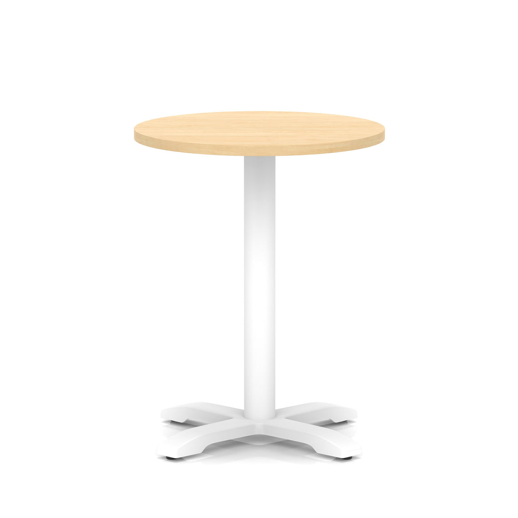Round table with wood-effect top and white base on a white background