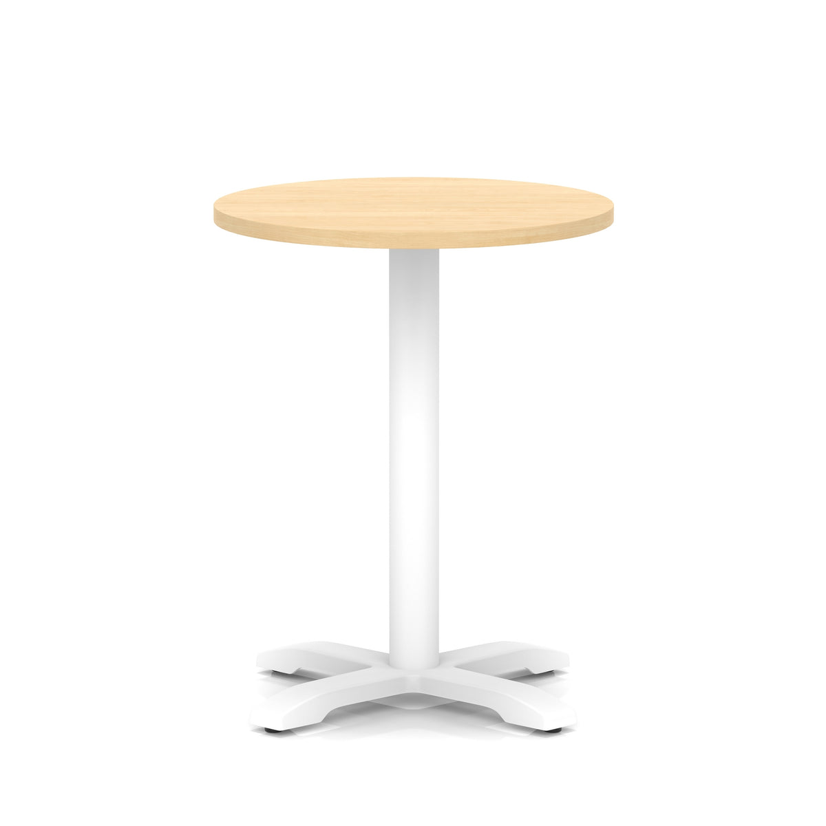 Round table with wood-effect top and white base on a white background
