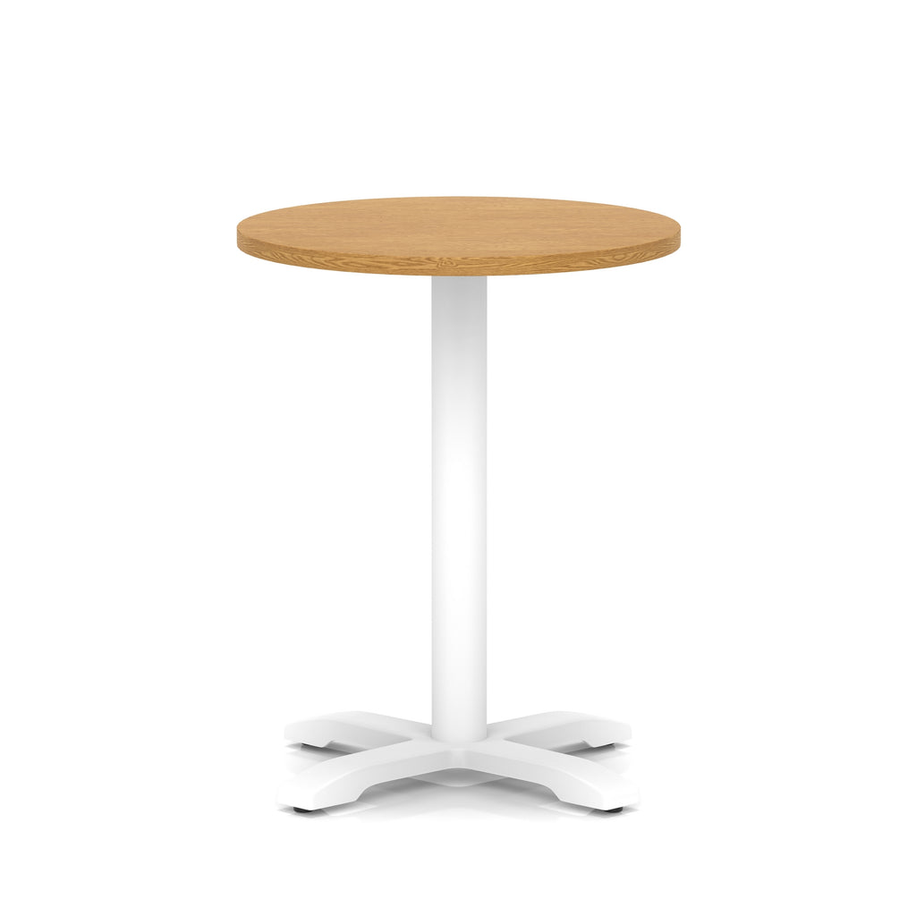 Round table with wood-effect top and white base on a white background