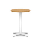 Round table with wood-effect top and white base on a white background