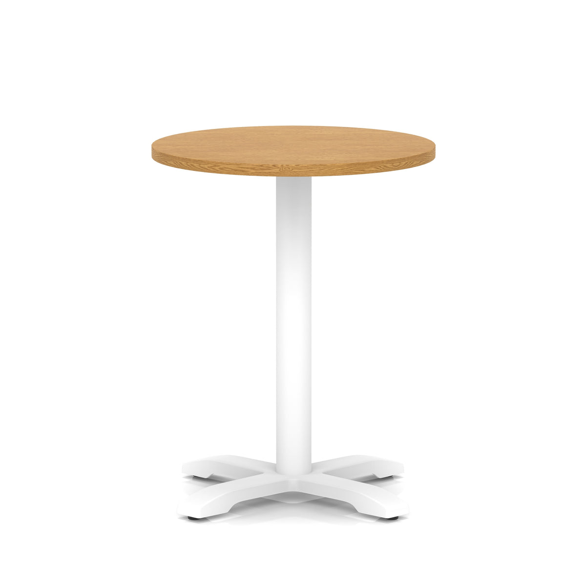 Round table with wood-effect top and white base on a white background