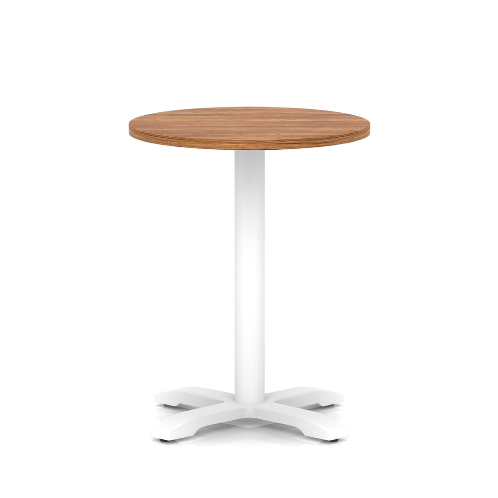 Round table with wood-effect top and white base on a white background