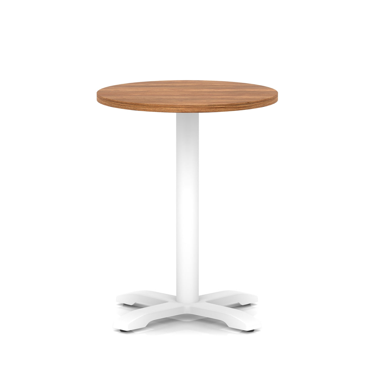 Round table with wood-effect top and white base on a white background