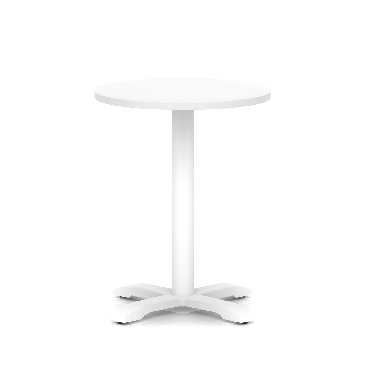 White round table with metal base on a white background