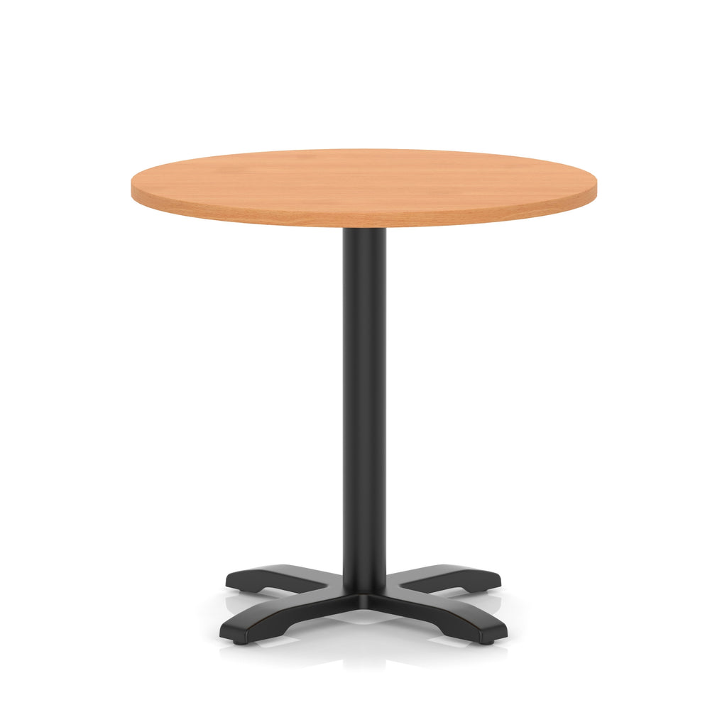 Round table with a grey wood-effect top and black base on a white background