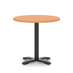Round table with a grey wood-effect top and black base on a white background