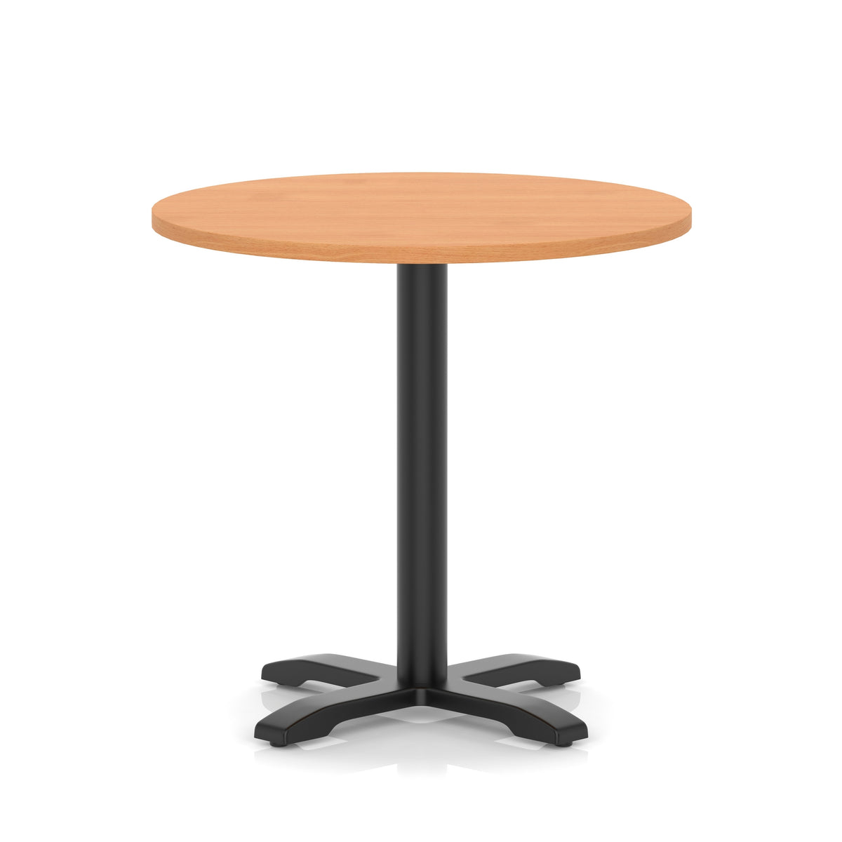 Round table with a grey wood-effect top and black base on a white background
