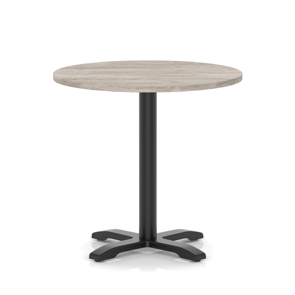 Round table with a grey wood-effect top and black base on a white background
