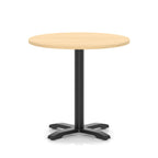 Round table with a wood-effect top and black base on a white background
