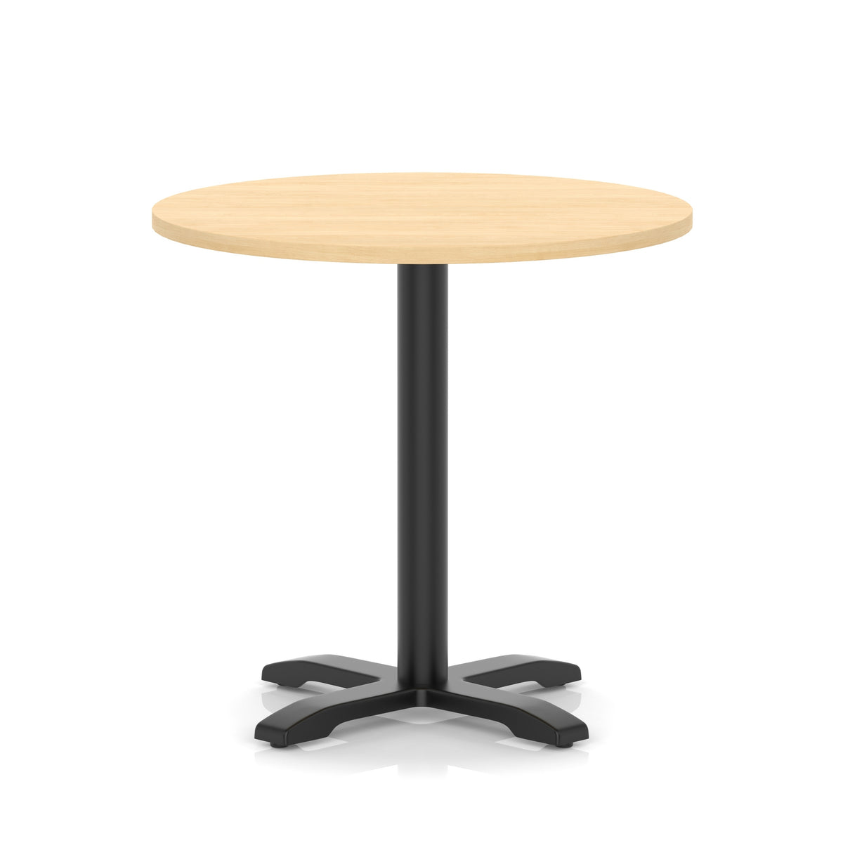 Round table with a wood-effect top and black base on a white background