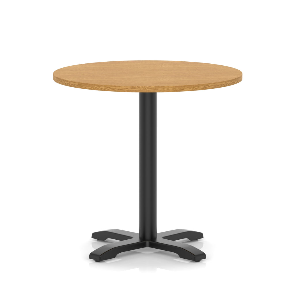 Round table with a wood-effect top and black base on a white background