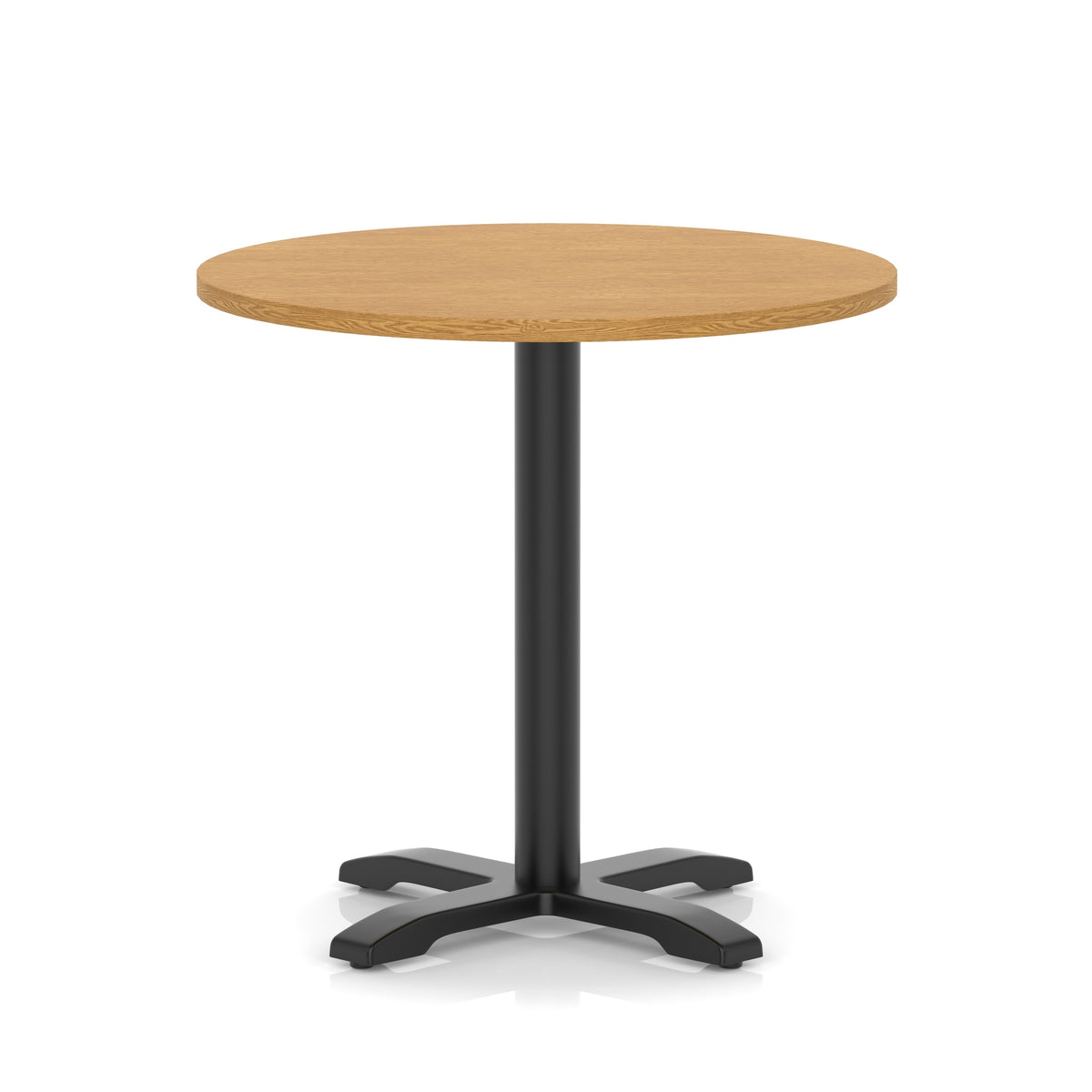Round table with a wood-effect top and black base on a white background