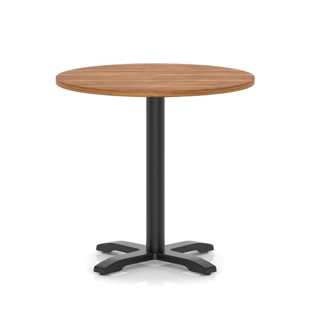 Round table with a wood-effect top and black base on a white background