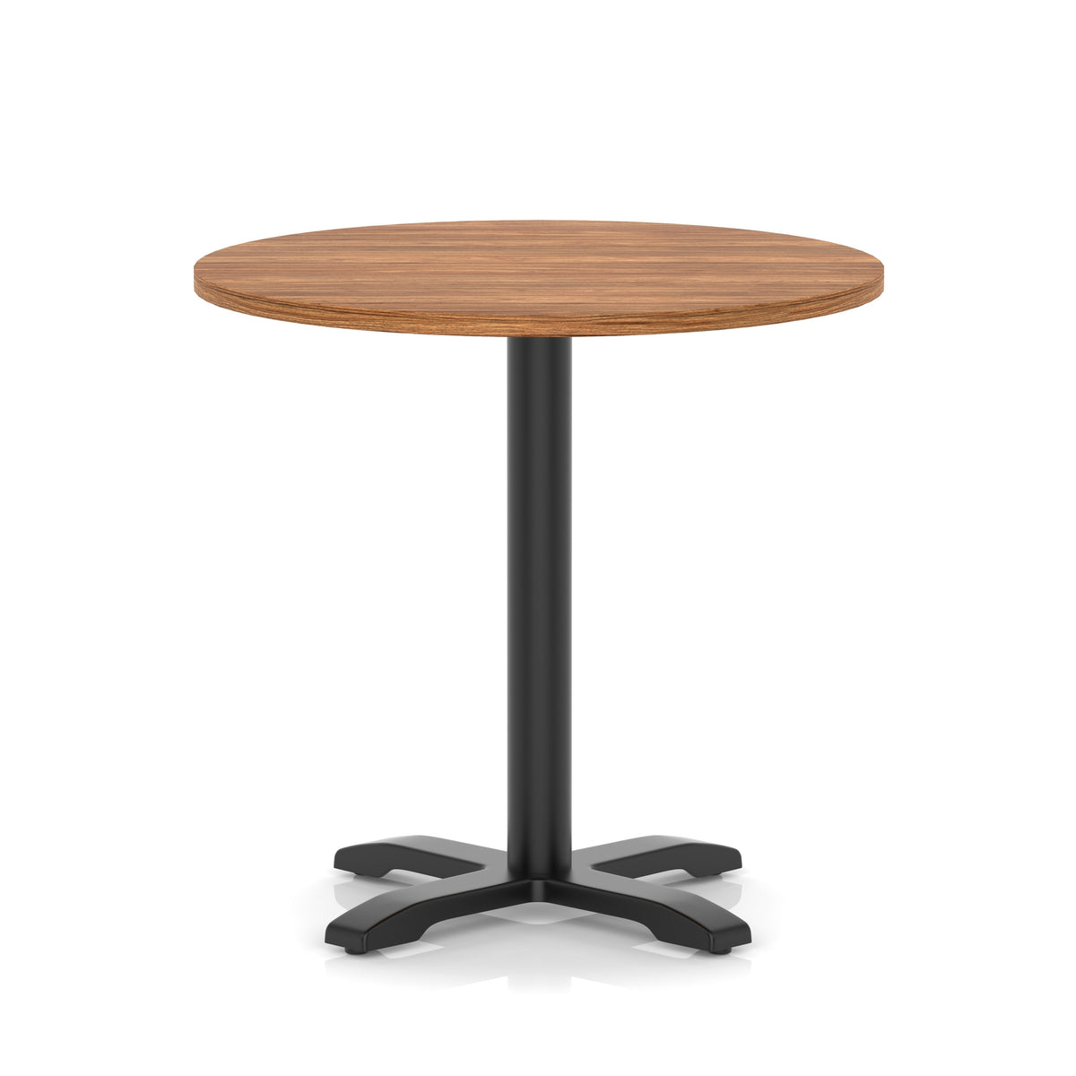 Round table with a wood-effect top and black base on a white background
