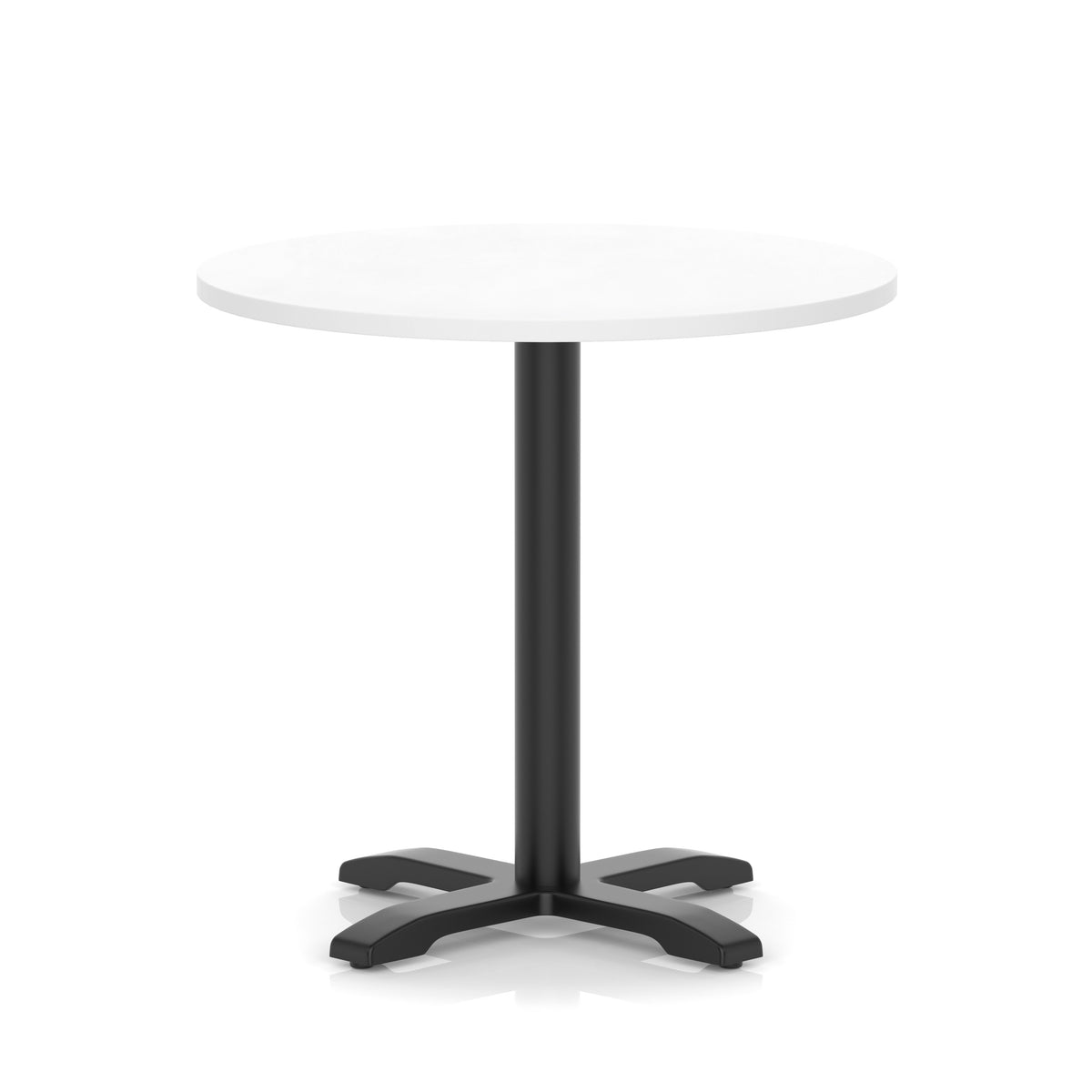 Round table with a white top and black base on a white background