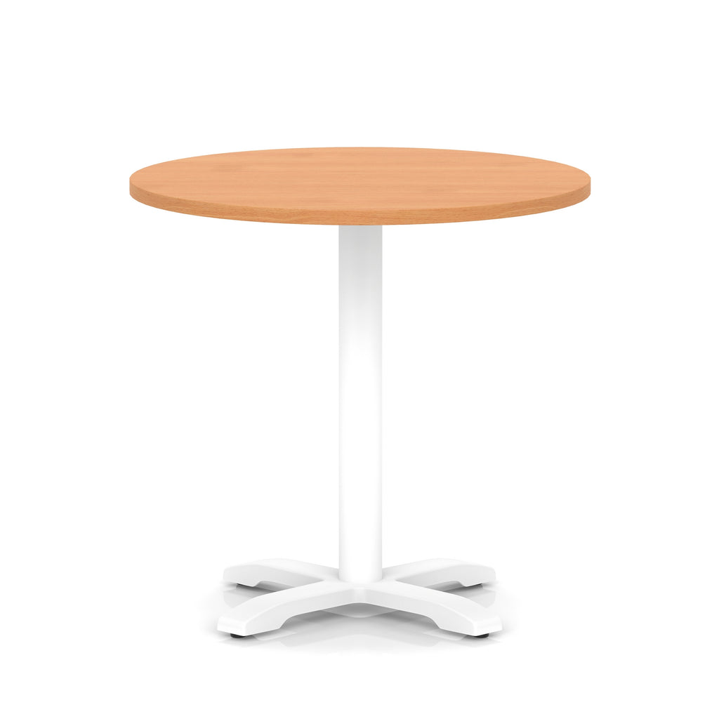 Round table with grey wood-effect top and white base on a white background