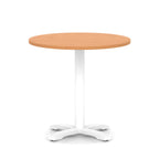 Round table with grey wood-effect top and white base on a white background