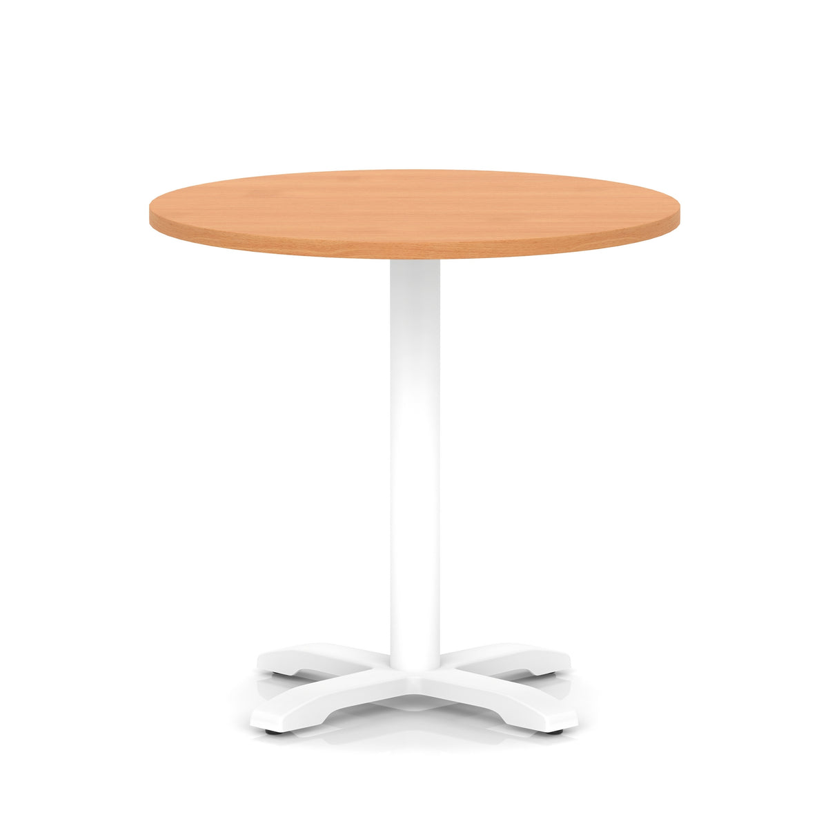 Round table with grey wood-effect top and white base on a white background