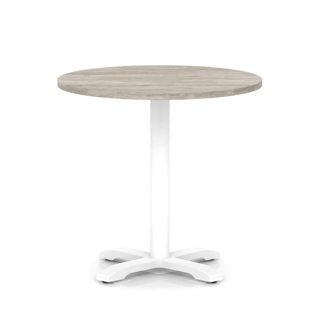 Round table with grey wood-effect top and white base on a white background