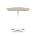 Round table with grey wood-effect top and white base on a white background