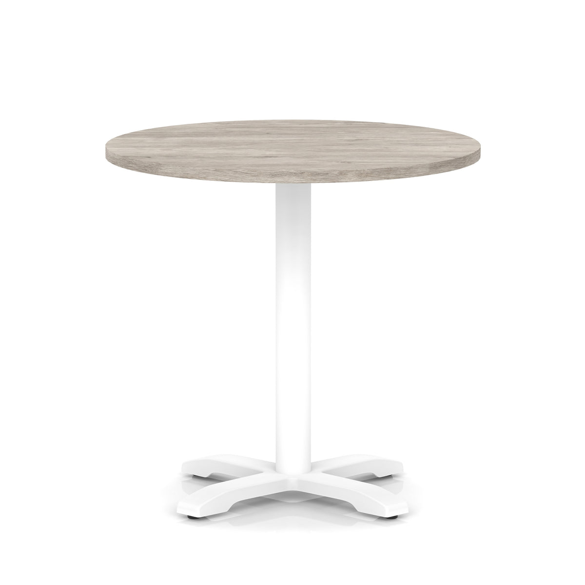 Round table with grey wood-effect top and white base on a white background
