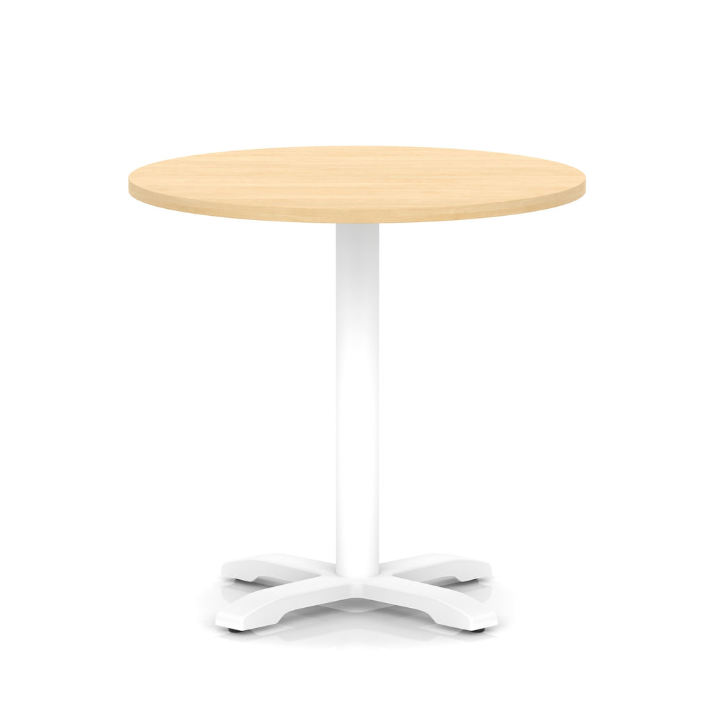 Round table with wood-effect top and white base on a white background