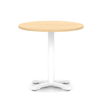 Round table with wood-effect top and white base on a white background