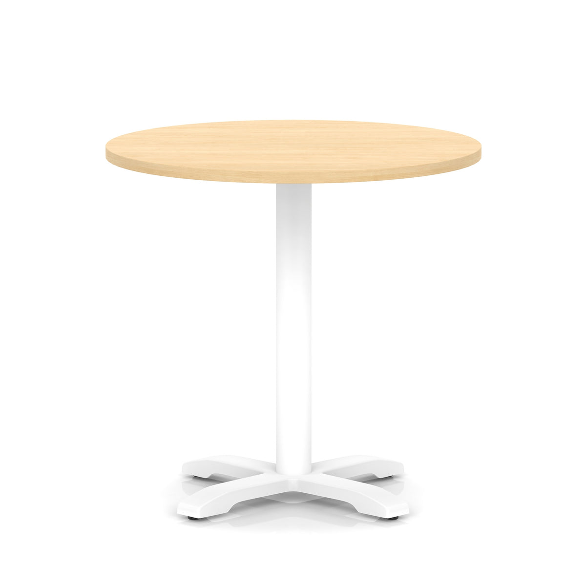 Round table with wood-effect top and white base on a white background