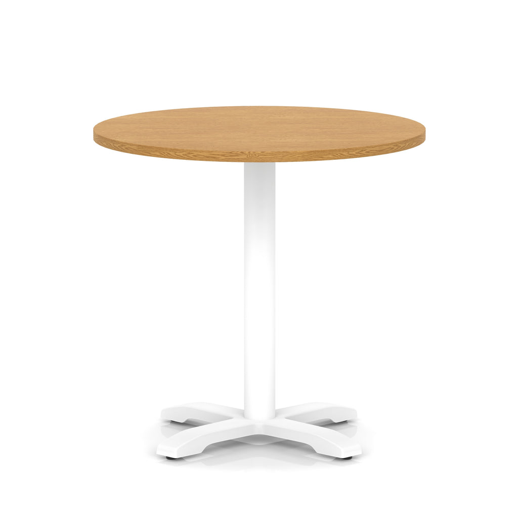 Round table with wood-effect top and white base on a white background