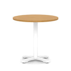 Round table with wood-effect top and white base on a white background